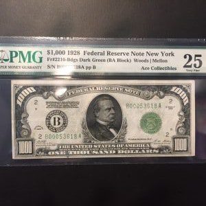 $1000 U.S. BILL PMG 25 VERY FINE