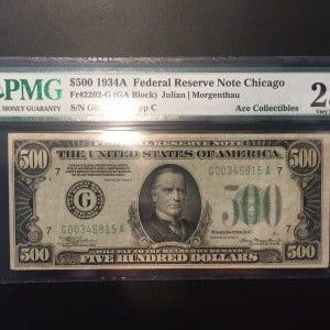 $500 U.S. BILL PMG 25 VERY FINE