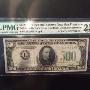 $500 U.S. BILL PMG 25 VERY FINE