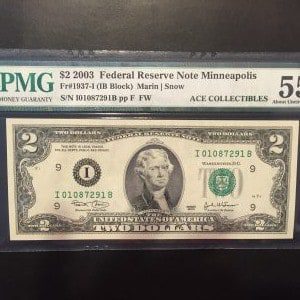 $2 U.S. BILL  PMG ABOUT UNC 55 EPQ