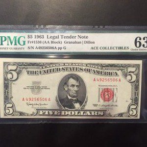 $5 U.S. BILL  PMG CHOICE UNC 63 EPQ