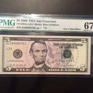 $5 U.S. BILL  PMG SUPERB GEM UNC 67 EPQ