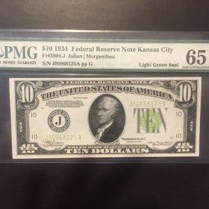 $10 U.S. BILL PMG LIGHT GREEN SEAL 65 GEM UNC EPQ