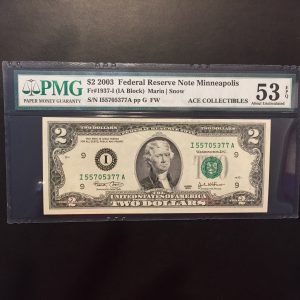 $2 U.S. BILL  PMG ABOUT UNC 53 EPQ