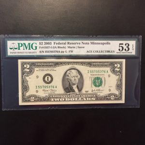 $2 U.S. BILL  PMG ABOUT UNC 53 EPQ