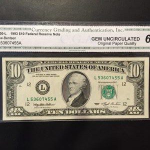 $10 U.S. BILL CGA GEM UNC 66