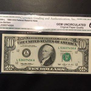 $10 U.S. BILL CGA GEM UNC 66