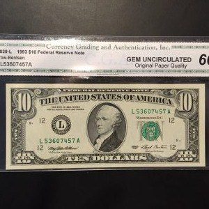 $10 U.S. BILL CGA GEM UNC 66