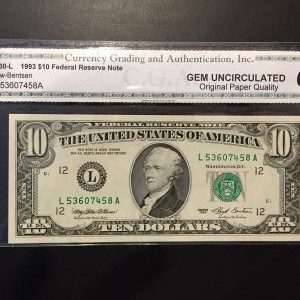 $10 U.S. BILL CGA GEM UNC 66
