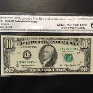 $10 U.S. BILL CGA GEM UNC 65