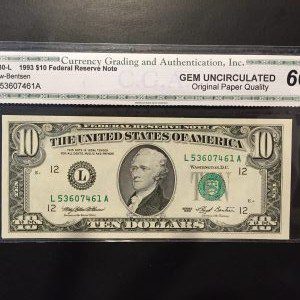 $10 U.S. BILL CGA GEM UNC 66