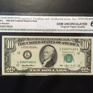 $10 U.S. BILL CGA GEM UNC 67