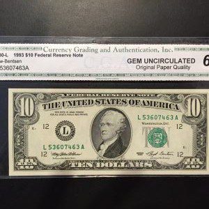 $10 U.S. BILL CGA GEM UNC 65