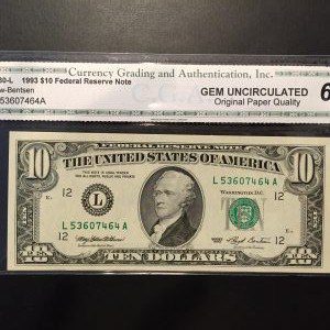 $10 U.S. BILL CGA GEM UNC 65