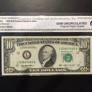 $10 U.S. BILL CGA GEM UNC 65
