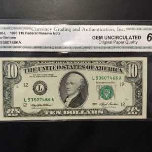 $10 U.S. BILL CGA GEM UNC 66