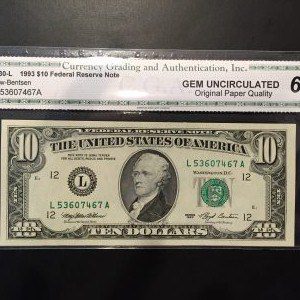$10 U.S. BILL CGA GEM UNC 65