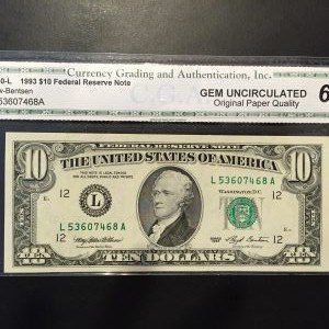 $10 U.S. BILL CGA GEM UNC 65