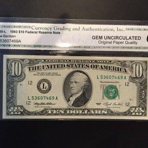 $10 U.S. BILL CGA GEM UNC 65