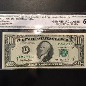 $10 U.S. BILL CGA GEM UNC 65