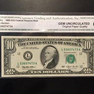$10 U.S. BILL CGA GEM UNC 66
