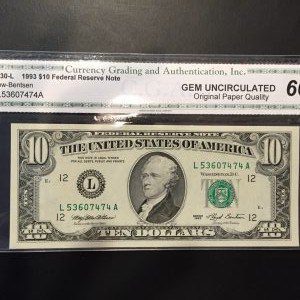 $10 U.S. BILL CGA GEM UNC 66