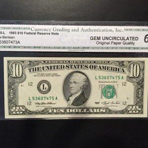 $10 U.S. BILL CGA GEM UNC 66