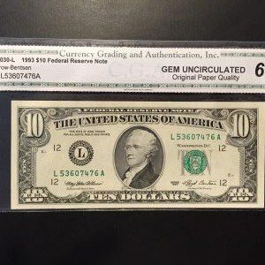 $10 U.S. BILL CGA GEM UNC 66