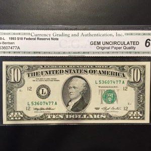 $10 U.S. BILL CGA GEM UNC 65