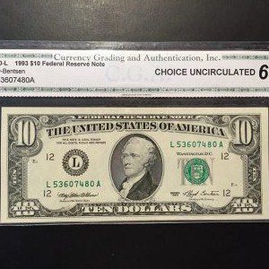 $10 U.S. BILL CGA GEM UNC 67