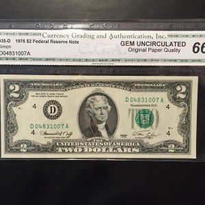 $2 U.S. BILL CGA GEM UNC 66