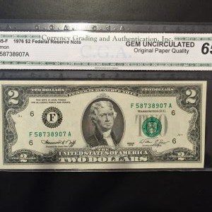 $2 U.S. BILL CGA GEM UNC 65