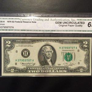 $2 U.S. BILL CGA GEM UNC 65
