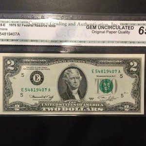 $2 U.S. BILL CGA GEM UNC 65