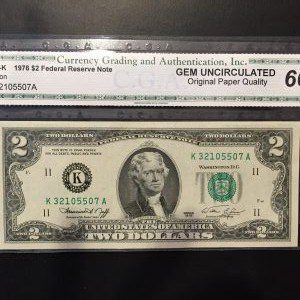 $2 U.S. BILL CGA GEM UNC 66