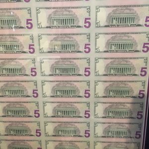 COMPLETE FULL SHEET OF UNCUT $5 US BILLS