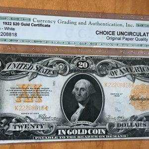 1922 $20 TWENTY DOLLAR GOLD CERTIFICATE uncirculated 63* MINT