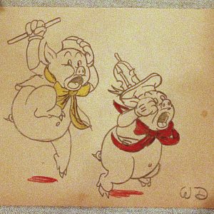 WALT DISNEY ORIGINAL TWO LITTLE PIGS DRAWING AUTOGRAPHED