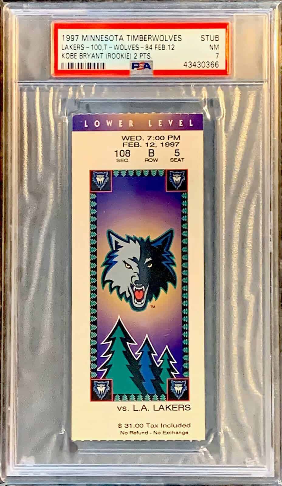 Kobe Bryant Rookie Ticket Stub 1997 NM-MINT 7 (PSA)