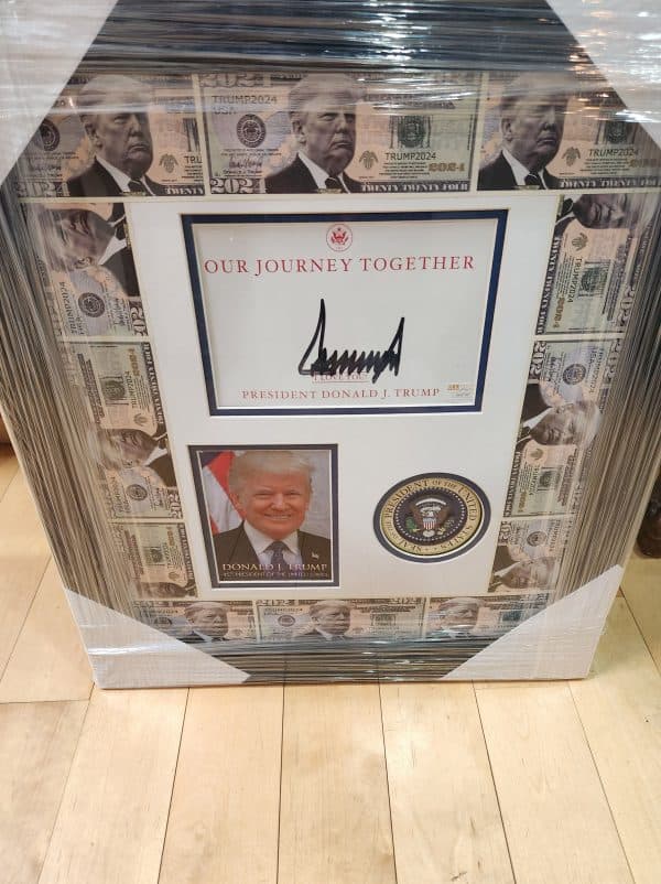 Donald Trump Our Journey Together custom Autographed Authenticated piece with Trump Dollars and Original photo 24×26